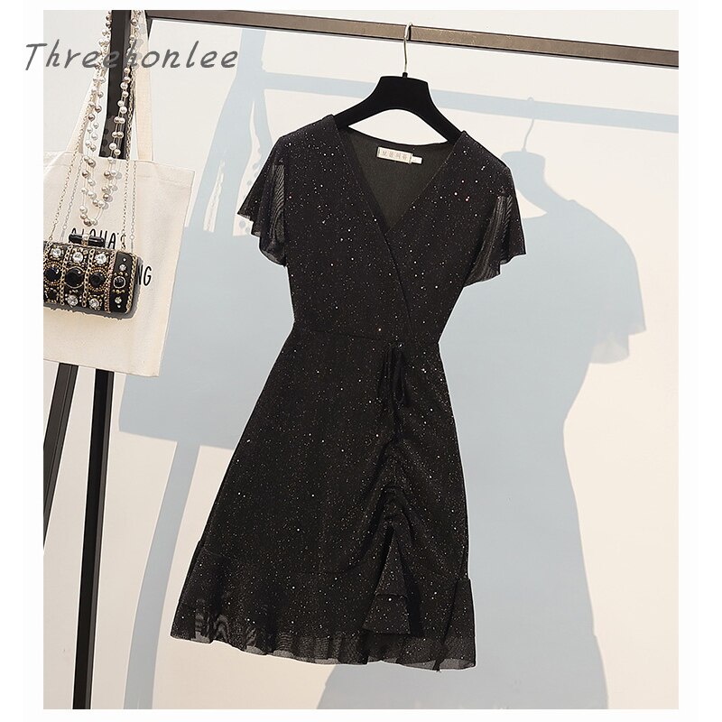 Ladies French Vintage Elegant Sequin V-neck Sexy Dress Short Sleeve Irregular High Waist Temperament Party Ladies Summer Dresses